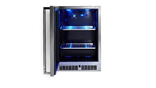 Stono Outdoor Living The Lynx 24" Outdoor Beverage Center (LN24REFG) by Lynx features a sleek stainless steel design, dynamic cooling, blue LED interior lighting, empty shelves, and an open door—ideal as an under-counter outdoor refrigerator for versatile use.