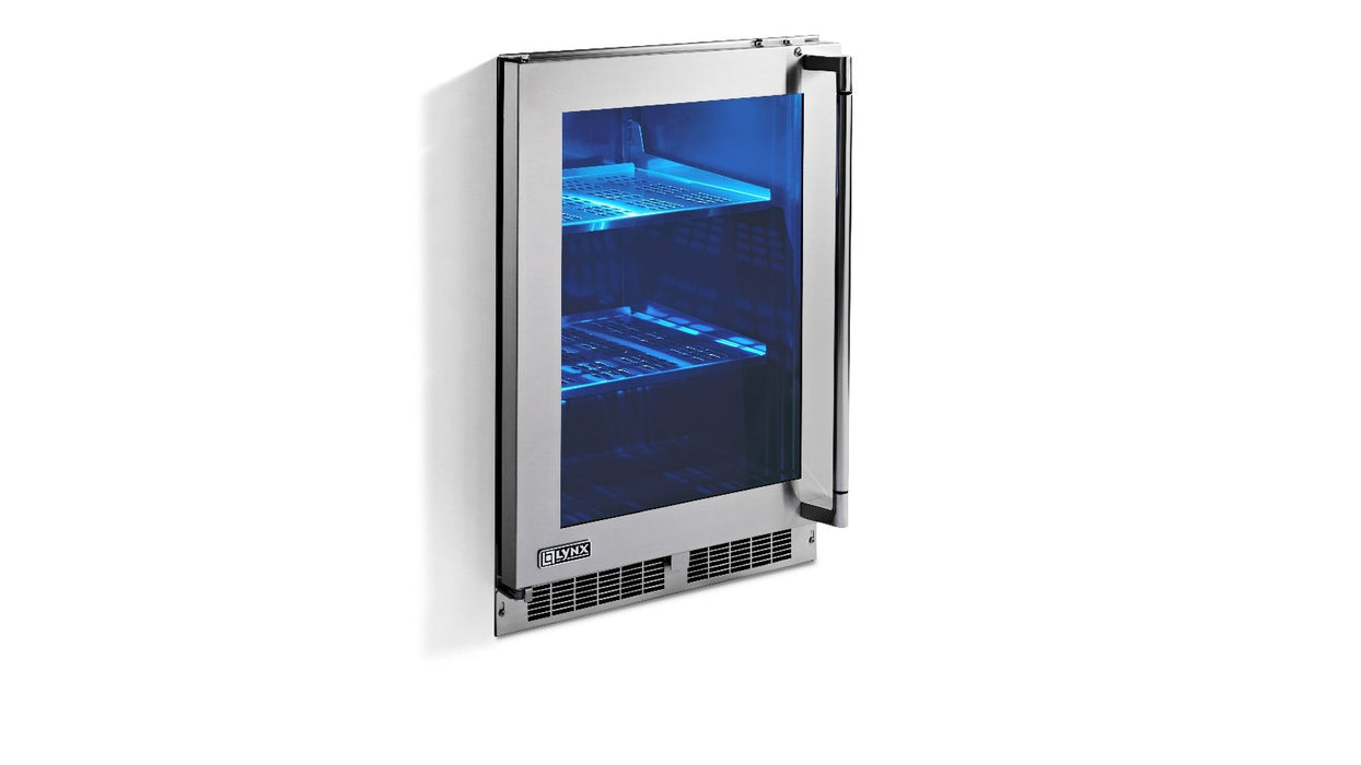 Stono Outdoor Living The Lynx 24" Outdoor Beverage Center (LN24REFG) features a stainless steel design, glass door, dynamic cooling, blue interior lighting, metal shelves, and right-side handle. Shown here against a white background.