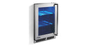 Stono Outdoor Living The Lynx 24" Outdoor Beverage Center (LN24REFG) features a stainless steel design, glass door, dynamic cooling, blue interior lighting, metal shelves, and right-side handle. Shown here against a white background.