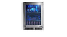 Stono Outdoor Living The Lynx 24" Outdoor Beverage Center (LN24REFG) features stainless steel construction, a glass door, dynamic cooling, and blue interior lights that showcase bottles, jars, and cans on three shelves.