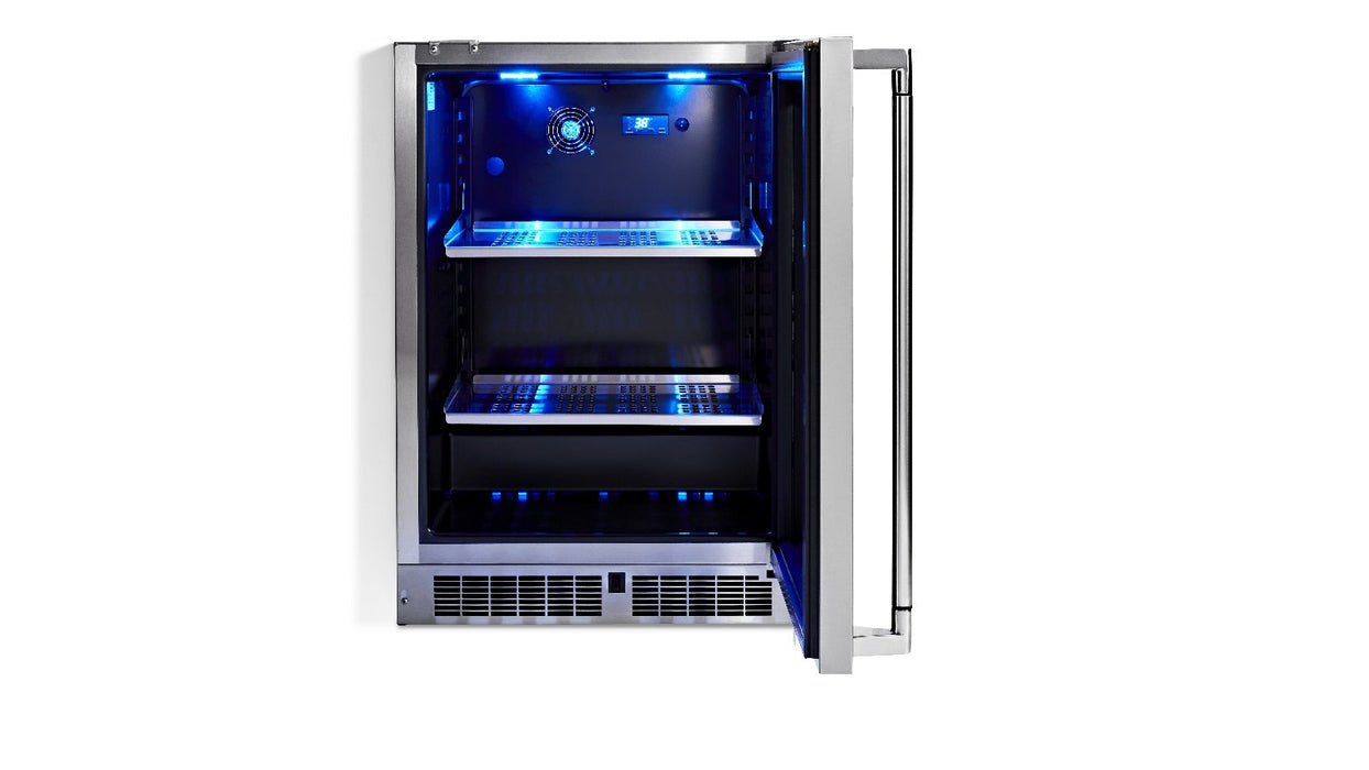 Stono Outdoor Living The Lynx 24" Outdoor Beverage Center (LN24REFG) by Lynx is shown outdoors with its glass door open, displaying empty shelves and blue LED lighting, all set against a plain white background.