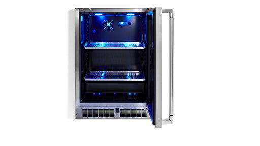 Stono Outdoor Living The Lynx 24" Outdoor Beverage Center (LN24REFG) by Lynx is shown outdoors with its glass door open, displaying empty shelves and blue LED lighting, all set against a plain white background.