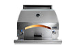 Stono Outdoor Living The Lynx 30" Built-in Napoli Outdoor Oven™ (LPZA-NG) features stainless steel, a curved front door, two side control knobs with blue lights, a center handle, and the Lynx logo on the lower right corner.