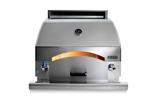 Stono Outdoor Living The Lynx 30" Built-in Napoli Outdoor Oven™ (LPZA-NG) features stainless steel, a curved front door, two side control knobs with blue lights, a center handle, and the Lynx logo on the lower right corner.