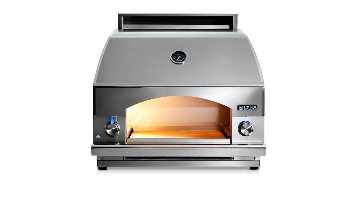 Stono Outdoor Living The Lynx 30" Built-in/countertop Napoli Outdoor Oven™ (LPZA-NG) features a stainless steel finish, front opening, two control knobs, analog temperature gauge, and illuminated interior by Lynx, shown on a white background.