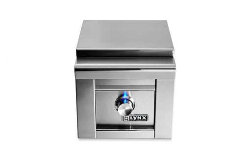 Stono Outdoor Living The Lynx Built-in Single Side Burner (LSB1-3-NG) is a stainless steel outdoor kitchen accessory with a sleek box design, featuring a central control knob illuminated by a blue LED.