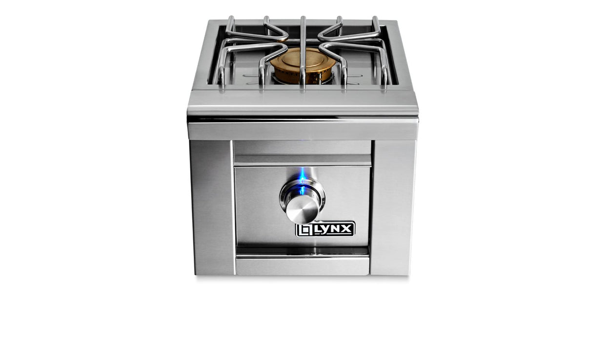 Stono Outdoor Living The Lynx Built-in Single Side Burner (LSB1-3-NG) features a powerful brass burner with grate, blue LED-lit control knob, and sleek stainless steel design—perfect for your outdoor kitchen.