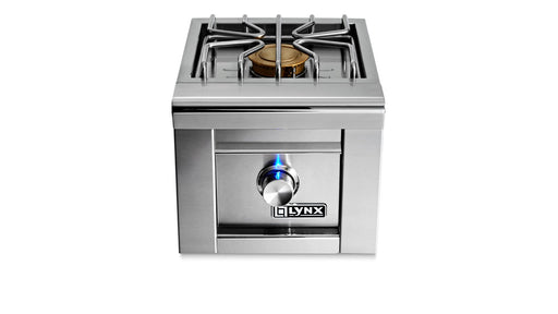 Stono Outdoor Living The Lynx Built-in Single Side Burner (LSB1-3-NG) features a powerful brass burner with grate, blue LED-lit control knob, and sleek stainless steel design—perfect for your outdoor kitchen.