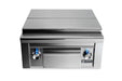 Stono Outdoor Living The Lynx Double Side-by-Side Burners (LSB2PC-1-NG) features stainless steel construction, two brass burners, a maple cutting board, a storage drawer, and blue-lit control knobs—ideal for any outdoor kitchen.