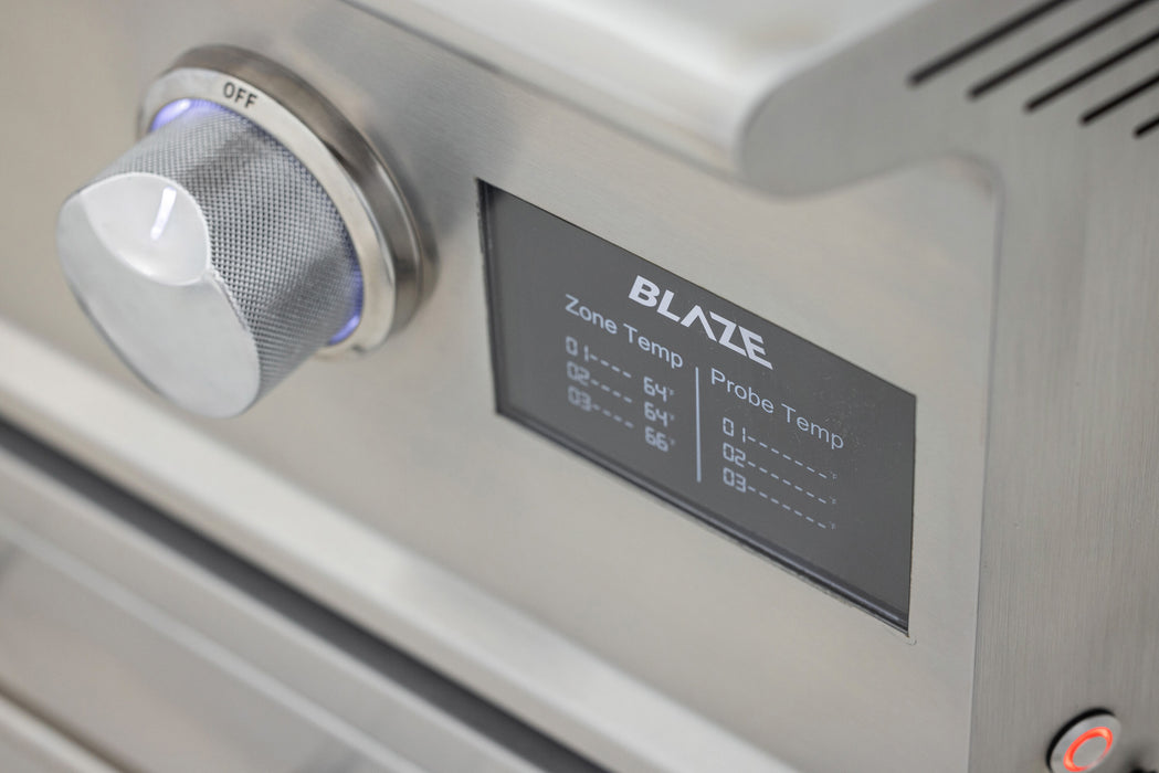 Stono Outdoor Living Close-up of the Blaze LTE PRO 40-Inch Built-in Propane Gas Griddle (BLZ-GRIDDLE40-LP) control panel, showing a large metallic knob and digital temperature screen displaying Blaze branding and zone/probe temperatures.
