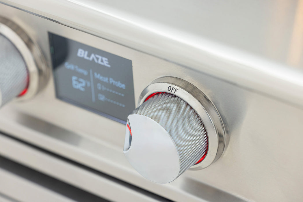 Stono Outdoor Living Close-up of the Blaze LTE PRO 40-Inch 5-Burner Built-in Natural Gas Grill, featuring a digital temperature screen, two control knobs (one labeled OFF), stainless steel burners, and a rear infrared burner for added durability and performance.