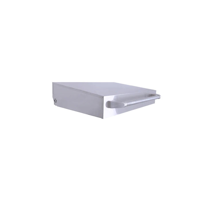 Stono Outdoor Living The Le Griddle OMLLID40 stainless steel lid is shown on a GEE40/GFE40 or OML40 Pro Le Griddle drawer with a handle, photographed against a white background. Ideal for kitchens or commercial use with 40 griddles.