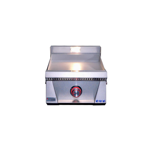 Stono Outdoor Living Front view of the Le Griddle Pro Series 40 - 1 Burner Natural Gas Griddle by Le Griddle (OML40P3), featuring a stainless steel build, splash guard, flat 3mm cooking surface, red temp control knob, and interior lights.