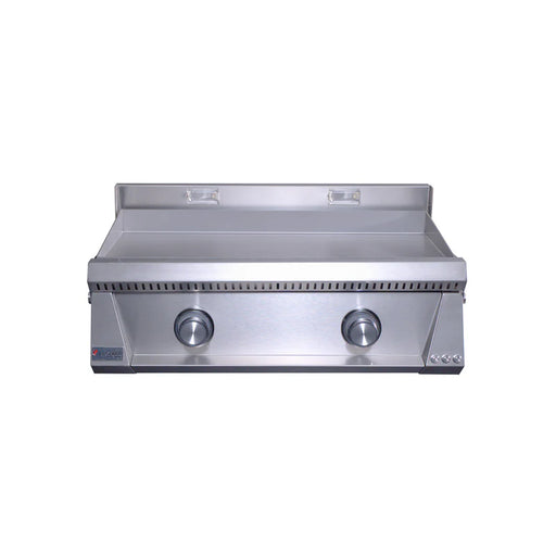 Stono Outdoor Living Front view of the Le Griddle Pro Series 75 (OML75P3), a sleek stainless steel 2-burner natural gas griddle with a 3mm plate, interior lights, two control knobs, flat cooking surface, and raised back panel—ideal for stylish outdoor grilling.