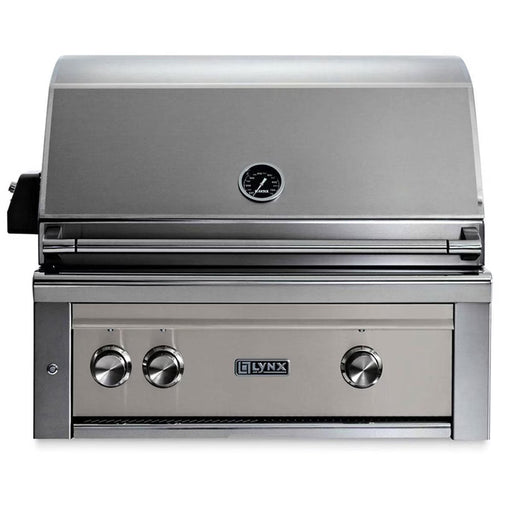 Stono Outdoor Living The Lynx 30" Built-In Grill w/ Rotisserie in Limestone (L30R-3-LSNG) features stainless steel construction, ceramic burners, a closed lid, built-in temperature gauge, and three front control knobs.