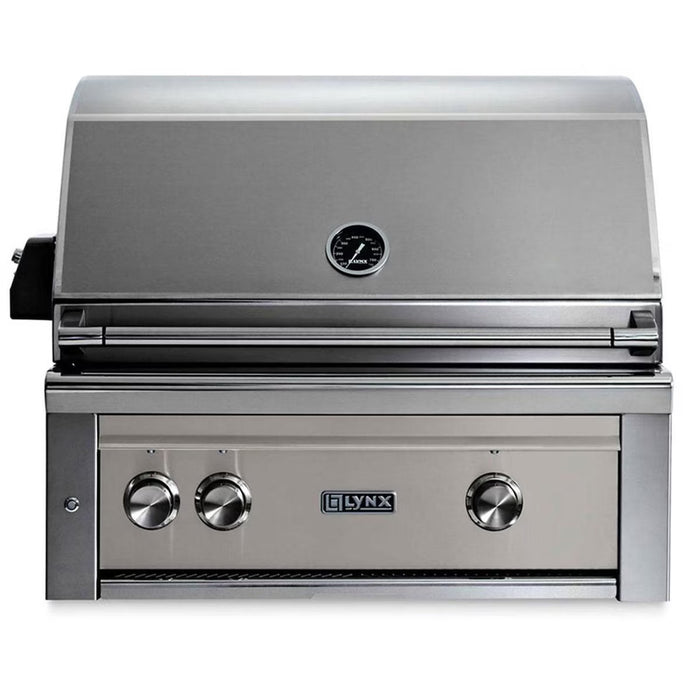 Stono Outdoor Living The Lynx 30" Built-In Grill w/ Rotisserie in Limestone (L30R-3-LSNG) features stainless steel construction, ceramic burners, a closed lid, built-in temperature gauge, and three front control knobs.