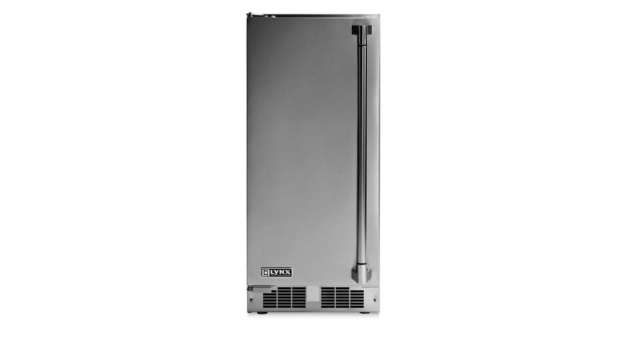 Stono Outdoor Living The Lynx 15" Ice Machine, Reversible (LN15ICE), features stainless steel construction, a vertical handle, bottom vent, clear ice capability, and the Lynx logo on the lower left—ideal for outdoor use and shown on a plain white background.