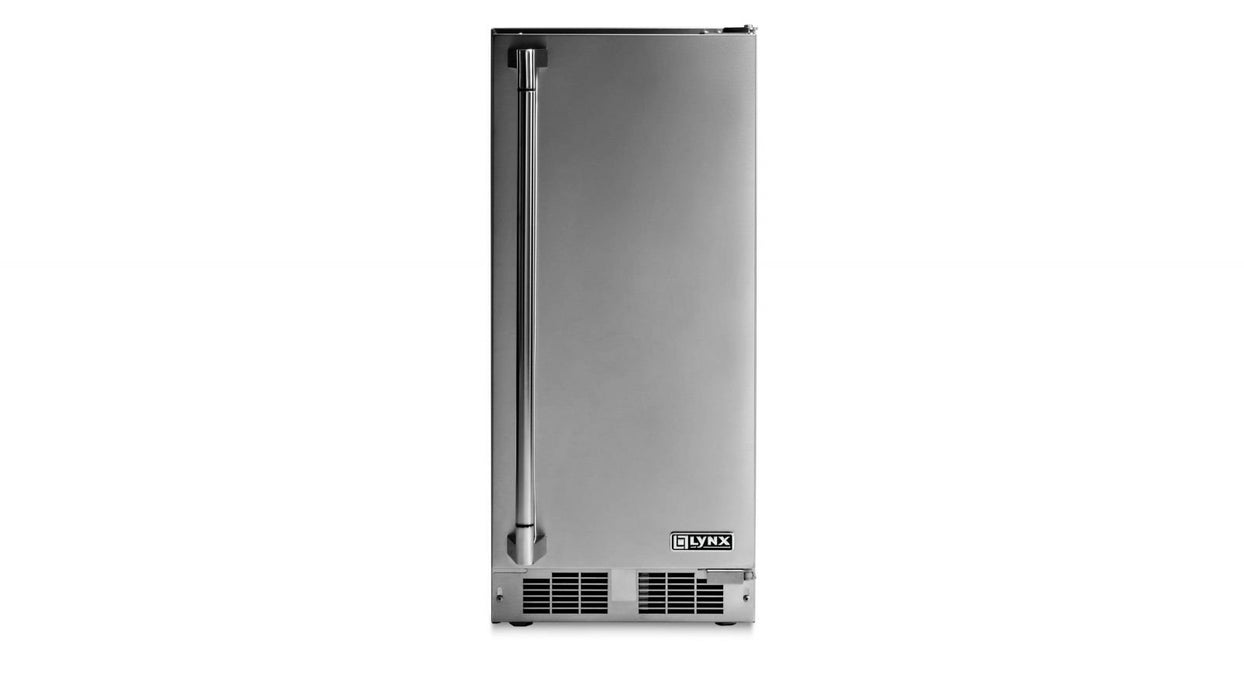 Stono Outdoor Living A Lynx 15" Ice Machine, Reversible - LN15ICE is shown next to a stainless steel upright Lynx refrigerator with a vertical handle and vented bottom panel, set against a plain white background.