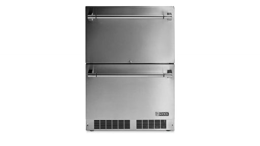 Stono Outdoor Living The Lynx 24" Outdoor Refrigerated Drawers (LN24DWR) is a professional two-drawer stainless steel refrigerator with dynamic cooling, horizontal handles, bottom vent, and a sleek design. Ideal for outdoor use, it proudly displays the Lynx logo on the lower right corner.