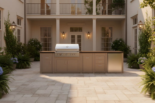 Stono Outdoor Living The Cooper - 140" Outdoor Kitchen Island by Stono Outdoor Living, featuring a stainless steel grill, sink, and storage cabinets, stands on a stone patio amid tall windows, lush plants, and lantern-style wall lights.