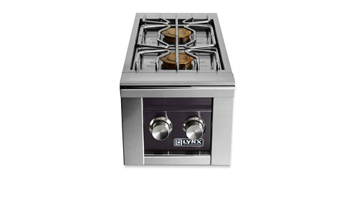 Stono Outdoor Living Front view of the Lynx Built-in Double Side Burners in Obsidian (LSB2-2-OBNG) with a black control panel and two silver knobs, set against a white background.