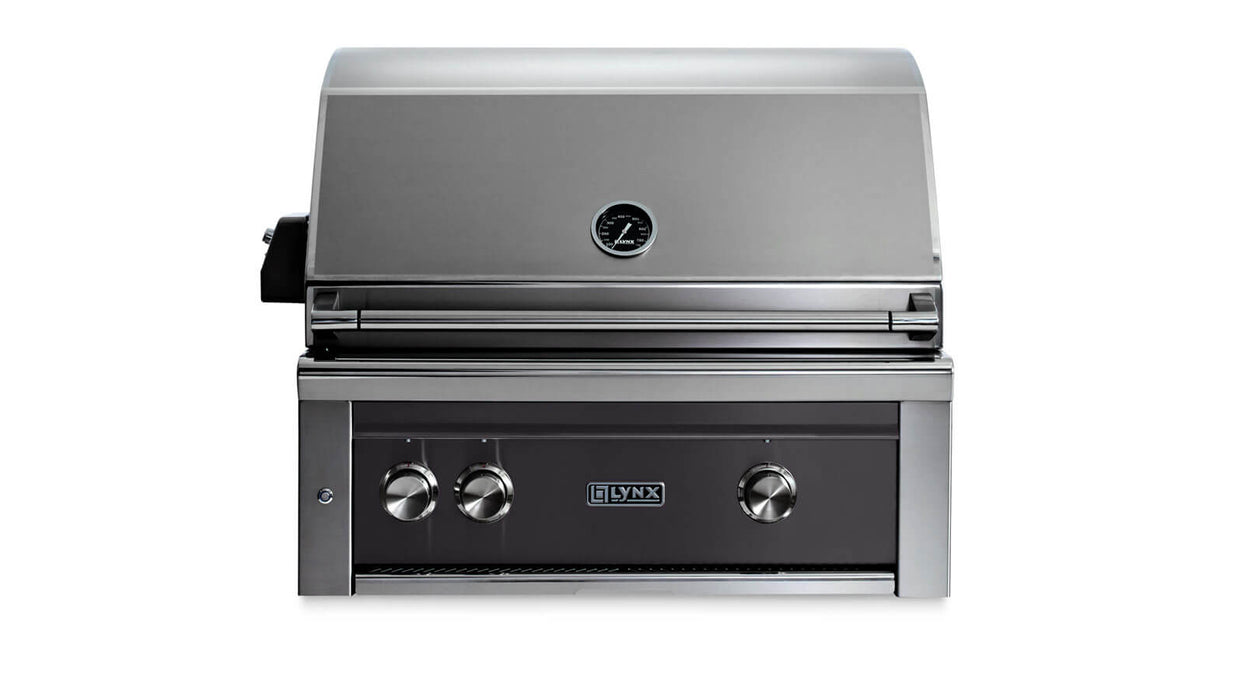Stono Outdoor Living The Lynx 30" Built-In Grill - 1 Trident™ w/ Rotisserie in Obsidian (L30TR-OBNG) by Lynx is shown from the front against a white background, featuring three control knobs, an infrared burner, hood temperature gauge, and the Lynx logo.