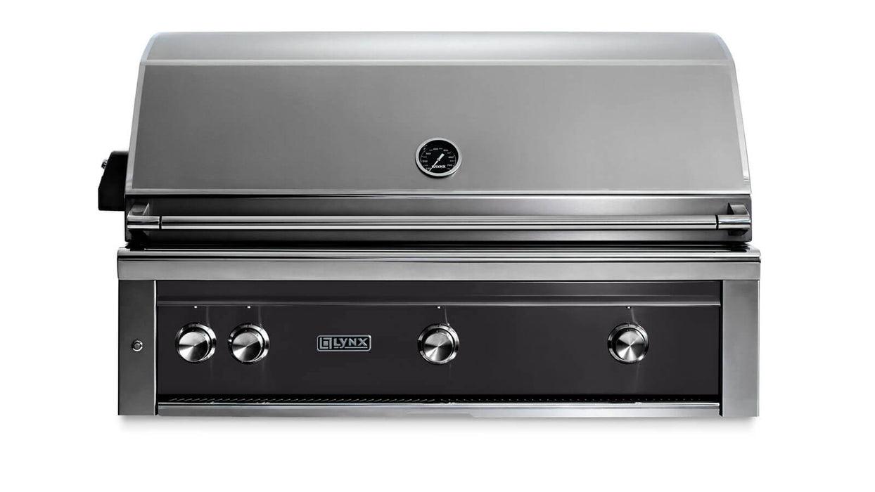 Stono Outdoor Living The Lynx 42" Built-In Grill w/ Rotisserie in Obsidian (L42R-3-OBNG) features a closed lid, three control knobs, a temperature gauge, and the Lynx logo—perfect for any outdoor kitchen seeking professional-grade performance.
