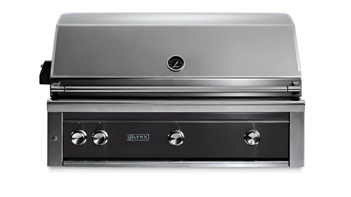 Stono Outdoor Living The Lynx 42" Built-In Grill w/ Rotisserie in Obsidian (L42R-3-OBNG) features a closed lid, three control knobs, a temperature gauge, and the Lynx logo—perfect for any outdoor kitchen seeking professional-grade performance.