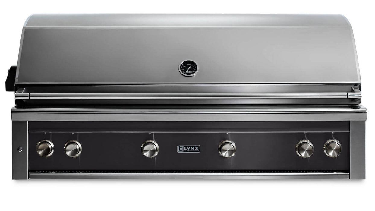 Stono Outdoor Living The Lynx 54" Built-In Grill (L54TR-OBNG) in Obsidian features stainless steel construction, five control knobs, a built-in lid temperature gauge, one Trident™ burner with rotisserie—perfect for your outdoor kitchen.