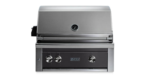 Stono Outdoor Living The Lynx 30" Built-In Grill - 1 Trident™ w/ Rotisserie in Obsidian (L30TR-OBNG) by Lynx is shown from the front against a white background, featuring three control knobs, an infrared burner, hood temperature gauge, and the Lynx logo.