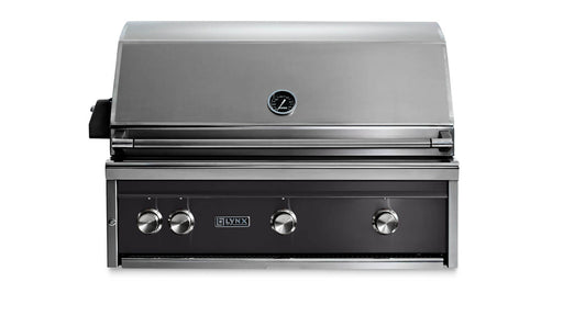 Stono Outdoor Living The Lynx 36" Built-In Grill w/ Rotisserie in Obsidian (L36R-3-OBNG) features four control knobs, a front thermometer, and sleek stainless steel design—ideal for any patio.