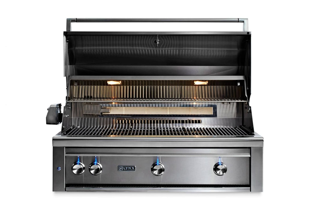 Stono Outdoor Living The Lynx 42" Built-In Grill w/ Rotisserie in California Poppy (L42R-3-CANG) features four control knobs, ceramic burners, built-in lights, and two grilling racks—delivering high-end outdoor cooking with signature Lynx luxury and style.