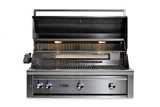 Stono Outdoor Living The Lynx 42" Built-In Grill w/ Rotisserie in California Poppy (L42R-3-CANG) features four control knobs, ceramic burners, built-in lights, and two grilling racks—delivering high-end outdoor cooking with signature Lynx luxury and style.