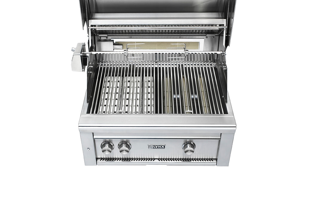 Stono Outdoor Living The Lynx 30" Built-In Grill (L30TR-LP) features a stainless steel design, Trident™ Infrared Burner, rotisserie, clean grates, burner controls, and the Lynx logo—ideal for outdoor cooking.