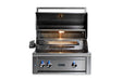 Stono Outdoor Living The Lynx 30" Built-In Grill (L30TR-LP) in stainless steel features a Trident™ burner, rotisserie, two grilling racks, interior lighting, and three blue LED-lit control knobs—ideal for premium outdoor cooking.