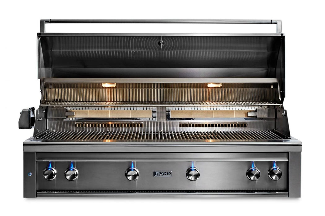 Stono Outdoor Living The Lynx 54" Built-In Grill (L54TR-GLNG) features five control knobs, interior lights, two grilling racks, a partially open hood, and sleek stainless steel design—perfect for a modern outdoor kitchen.