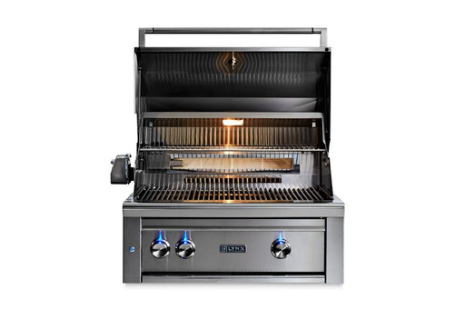 Stono Outdoor Living The Lynx 30" Built-In Grill (L30TR-LP) in stainless steel features a Trident™ burner, rotisserie, two grilling racks, interior lighting, and three blue LED-lit control knobs—ideal for premium outdoor cooking.