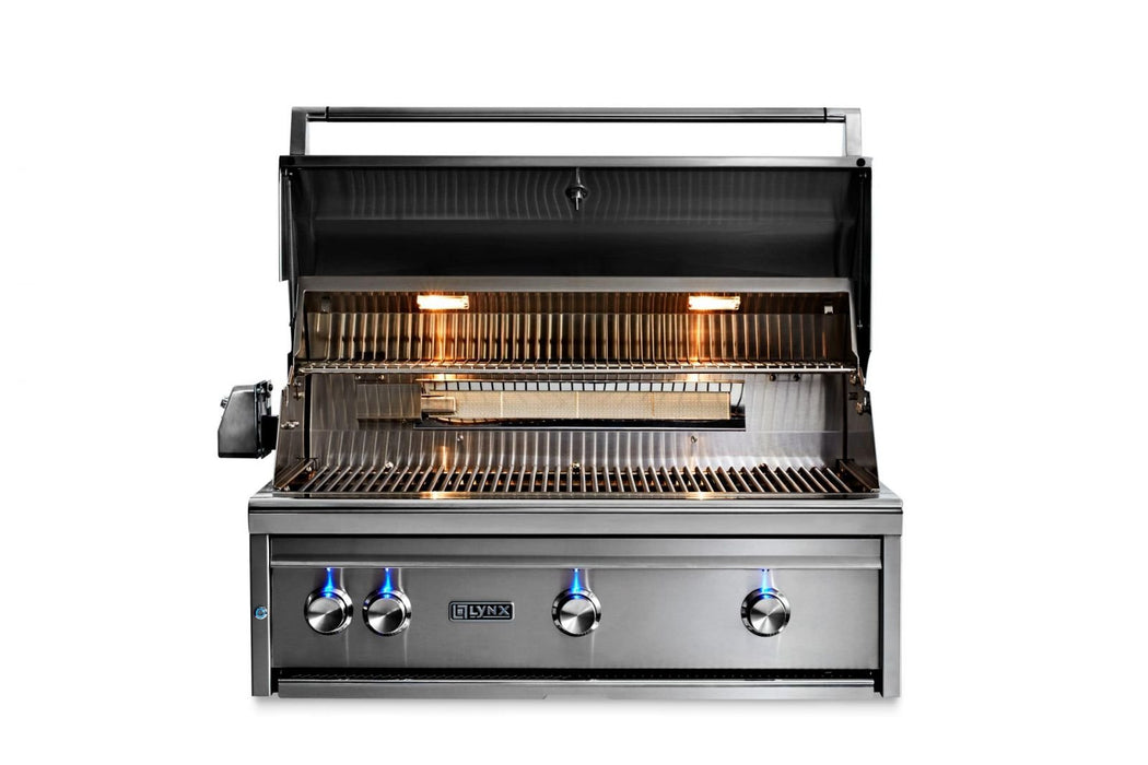 Stono Outdoor Living The Lynx 36" Built-In Grill w/ Rotisserie (L36R-3-NG) in stainless steel features four control knobs, ceramic burners, built-in lights, interior grill grates, and a partially opened hood—all set against a white background.