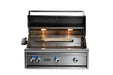 Stono Outdoor Living The Lynx 36" Built-In Grill w/ Rotisserie (L36R-3-NG) in stainless steel features four control knobs, ceramic burners, built-in lights, interior grill grates, and a partially opened hood—all set against a white background.