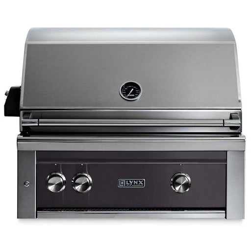 Stono Outdoor Living The Lynx 30" Built-In Grill w/ Rotisserie in Obsidian (L30R-3-OBNG) features three control knobs, ceramic burners, a built-in lid thermometer, and a modern design.