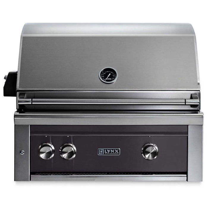 Stono Outdoor Living The Lynx 30" Built-In Grill w/ Rotisserie in Obsidian (L30R-3-OBNG) features three control knobs, ceramic burners, a built-in lid thermometer, and a modern design.
