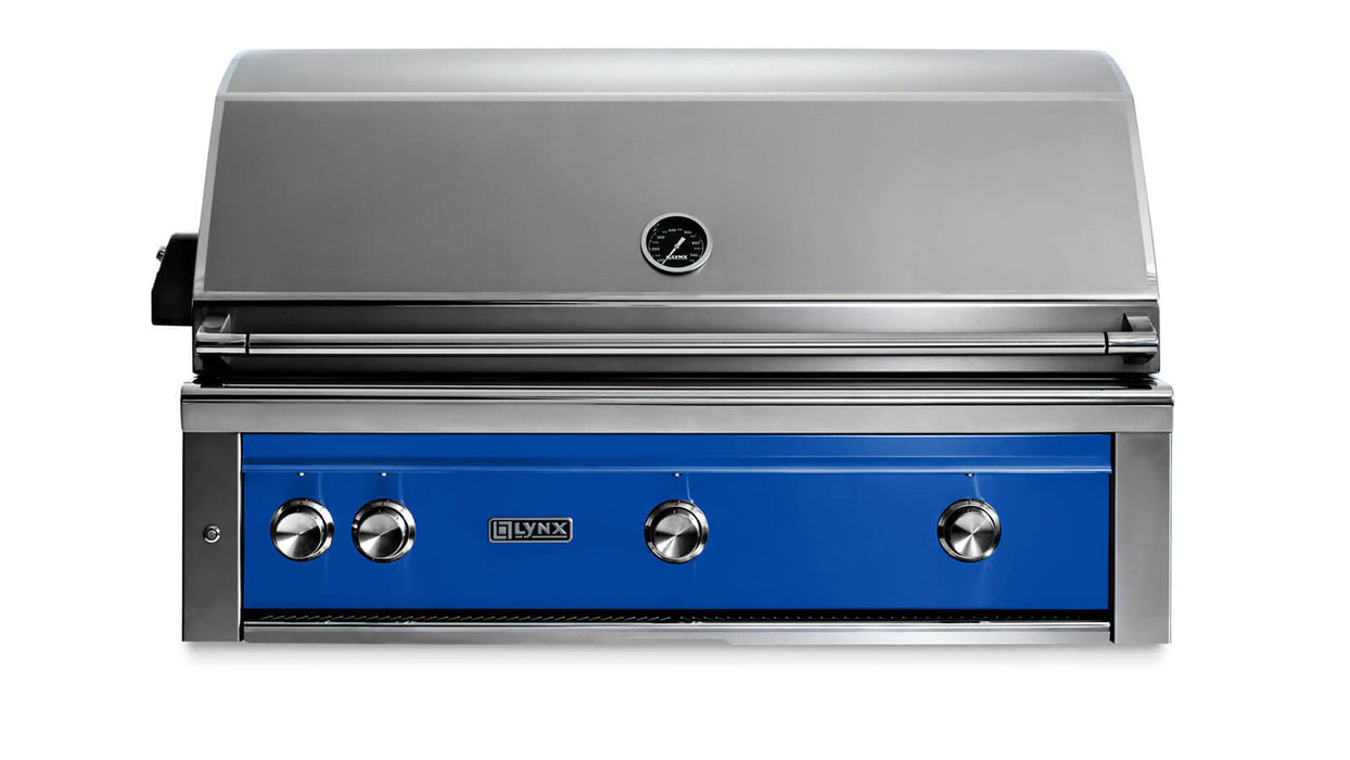 Stono Outdoor Living The Lynx 42" Built-In Grill w/ Rotisserie in Pacific Blue (L42R-3-PBNG) features a luxury stainless steel build, silver lid, blue front panel, four control knobs, a built-in temperature gauge, and is perfect for your outdoor kitchen.