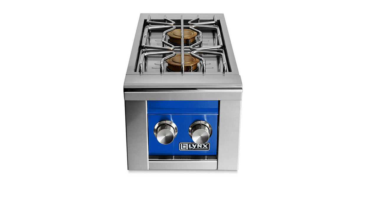 Stono Outdoor Living Front view of the Lynx Built-in Double Side Burners in Pacific Blue (LSB2-2-PBNG) featuring a stainless steel gas cooktop, blue control panel, two silver knobs, and Lynx logo—perfect for built-in grills.