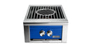 Stono Outdoor Living The Lynx Power Burner in Pacific Blue (LPB-PBNG) is a built-in gas grill with two control knobs, a circular center grill, a high-BTU burner, and the Lynx logo on the front—ideal for any outdoor kitchen.