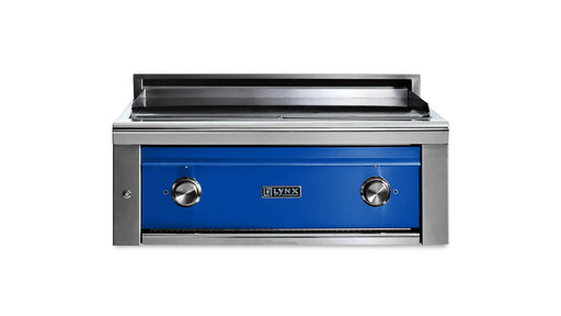 Stono Outdoor Living The Lynx 30” Asado Built-In Grill in Pacific Blue (L30AG-PBNG) features stainless steel, infrared burners, two control knobs, and the Lynx logo on the front—perfect for a luxury outdoor kitchen, shown against a plain white background.