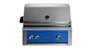 Stono Outdoor Living The Lynx 30" Built-In Grill (L30TR-PBLP) in Pacific Blue features three control knobs, a Trident™ burner with rotisserie, a built-in lid thermometer, and the Lynx logo—shown against a white background.