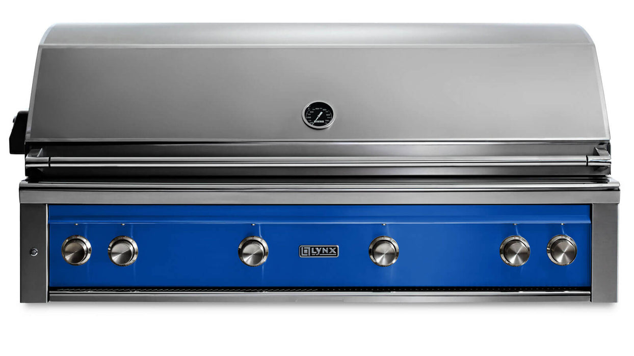 Stono Outdoor Living The Lynx 54" Built-In Grill (L54TR-PBNG) in Pacific Blue features stainless steel, five knobs, a Trident™ infrared burner, rotisserie, and lid temperature gauge—ideal luxury for any outdoor kitchen.