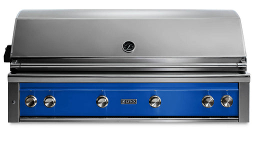 Stono Outdoor Living The Lynx 54" Built-In Grill (L54TR-PBNG) in Pacific Blue features stainless steel, five knobs, a Trident™ infrared burner, rotisserie, and lid temperature gauge—ideal luxury for any outdoor kitchen.