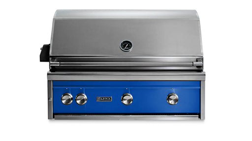 Stono Outdoor Living The Lynx 36" Built-In Grill w/ Rotisserie in Pacific Blue (L36R-3-PBNG) features a closed lid, temperature gauge, ceramic burners, four knobs, and the Lynx logo—ideal for elevating your outdoor kitchen setup.