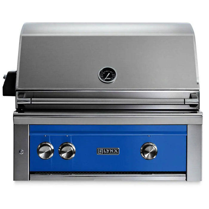 Stono Outdoor Living The Lynx 30" Built-In Grill w/ Rotisserie in Pacific Blue (L30R-3-PBNG) features a stainless steel build, blue front panel, three control knobs, ceramic burners, and a large hood with built-in thermometer.